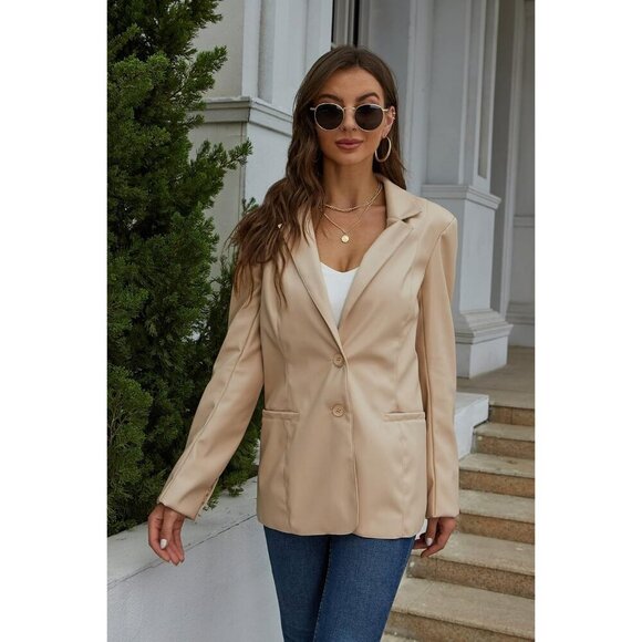 🆕 Women Cream Faux Leather Blazer Jackets Spring Fashion Vegan Button Down Coat - Picture 3 of 6